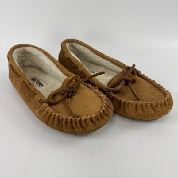 Minnetonka Trapper Leather Slippers Cinnamon Tan Women Size 8 Lined w/ Shearling - Picture 3 of 8